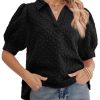Womens Puff Short Sleeve Polo Shirts Summer V Neck Textured Tops Dressy Casual Loose Fit Blouse