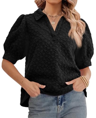 Womens Puff Short Sleeve Polo Shirts Summer V Neck Textured Tops Dressy Casual Loose Fit Blouse