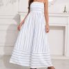Women's Striped Back Smocked Maxi Dress Sexy Spaghetti Strap Cut Out Flowy Swing Long Dress