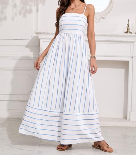 Women's Striped Back Smocked Maxi Dress Sexy Spaghetti Strap Cut Out Flowy Swing Long Dress