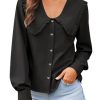 Womens Peter Pan Collar Shirts Summer Button Down Long Sleeve Tops Dressy Casual Cute Blouses Black