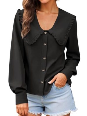Womens Peter Pan Collar Shirts Summer Button Down Long Sleeve Tops Dressy Casual Cute Blouses Black