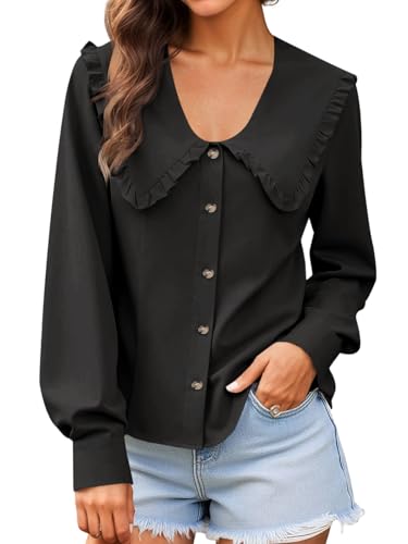 Womens Peter Pan Collar Shirts Summer Button Down Long Sleeve Tops Dressy Casual Cute Blouses Black