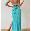 Women's Twist Front Strapless Bodycon Dress Summer Split Thigh Maxi Tube Dresses Vacation Outfits