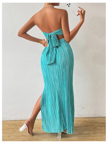 Women's Twist Front Strapless Bodycon Dress Summer Split Thigh Maxi Tube Dresses Vacation Outfits