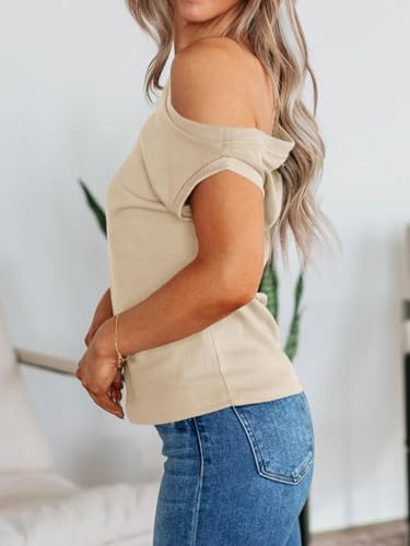 Womens Off One Shoulder Tops Summer Ribbed Knit Tank Tops Trendy Casual Loose Fit Sleeveless Tee Shirts