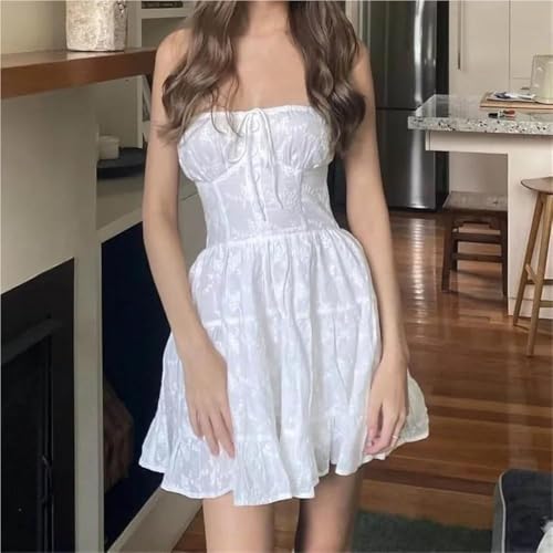 Women's Summer White Sexy Dress Strapless Sleeveless High Waist Slim Fit A-Line Party Club Dresses