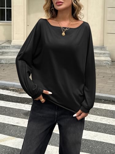 Womens Oversized Off The Shoulder Tops Fall Casual Lantern Long Sleeve T Shirts Trendy Loose Fit Tunics