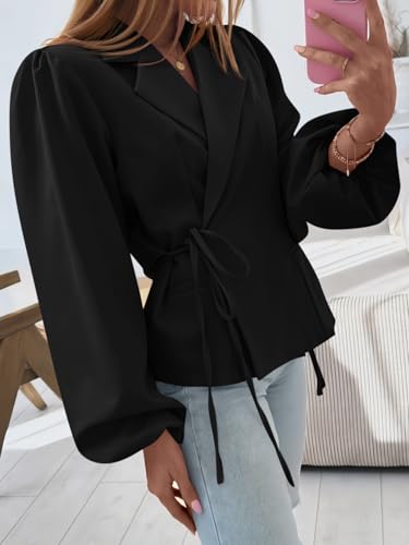 Womens Puff Long Sleeve Blazers V Neck Wrap Cropped Trench Coat Work Office Dressy Casual Suit Jackets