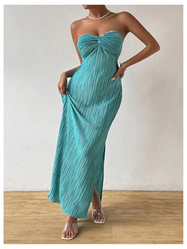 Women's Twist Front Strapless Bodycon Dress Summer Split Thigh Maxi Tube Dresses Vacation Outfits