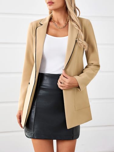 Womens Belted Casual Blazer Long Sleeve Open Front Contrast Binding Suit Jackets Dressy Blouse Tops