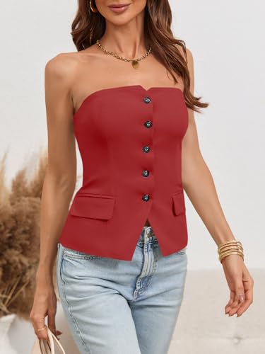 Notched Neck Tube Tops Blazer Sleeveless Button Fitted Strapless Work Blazer Vest