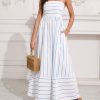 Women's Striped Back Smocked Maxi Dress Sexy Spaghetti Strap Cut Out Flowy Swing Long Dress