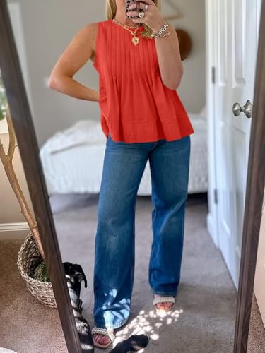 Womens Pleated Babydoll Tank Tops Summer Peplum Sleeveless Cotton Blouses Loose Fit Flowy Shirts