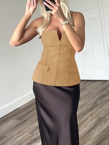 Womens Strapless Tube Tops Summer Fitted Notched Neck Blazer Vest Business Dressy Casual Suit Vest Tops