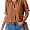 Womens Puff Short Sleeve Button Down Shirts Summer Casual Collared V Neck Blouse Linen Loose Fit Work Tops