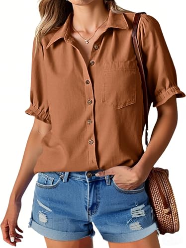 Womens Puff Short Sleeve Button Down Shirts Summer Casual Collared V Neck Blouse Linen Loose Fit Work Tops