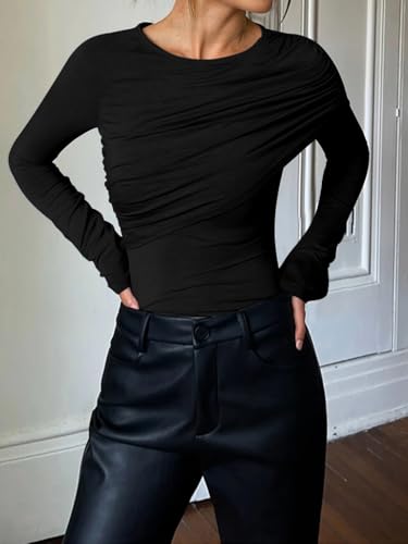 Womens Long Sleeve Pleated Tops Fall Crew Neck Fitted Shirts Y2k Going Out Casual Ruched Blouse