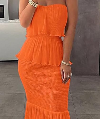 Women's Tube Top Ruffled Tiered Maxi Dress Sleeveless Backless Bodycon Smocked Shirred Party Holiday Long Dress