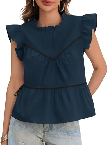 Womens Ruffle Babydoll Tank Tops Summer Cotton Peplum Mock Neck Blouses Trendy Casual Pleated Bow Shirts