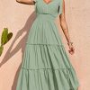 Women's Cross Neck Summer Sleeveless Tiered Maxi Dress Beach Tie Strap Smocked Long Dresses Pleated Sundress