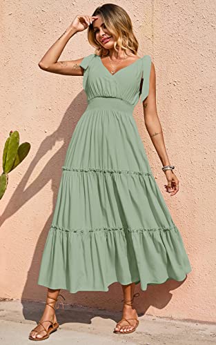 Women's Cross Neck Summer Sleeveless Tiered Maxi Dress Beach Tie Strap Smocked Long Dresses Pleated Sundress