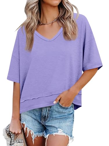41XMIOvjZML.jpg Womens Summer V Neck T Shirts Casual Short Sleeve Flowy Tops Cute Loose Fit Basic Tees
