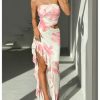 Women's Floral Cut Out Vacation Dress Ruffle Asymmetrical Strapless Sundress Long Dresses