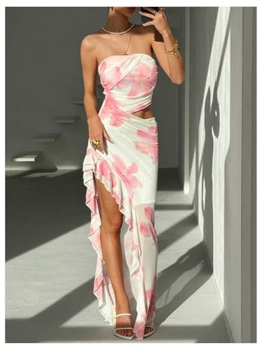 Women's Floral Cut Out Vacation Dress Ruffle Asymmetrical Strapless Sundress Long Dresses
