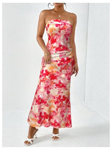 Women's Floral Cut Out Backless Strapless Tube Dress Summer Vacation Maxi Dresses