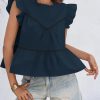 Womens Ruffle Babydoll Tank Tops Summer Cotton Peplum Mock Neck Blouses Trendy Casual Pleated Bow Shirts