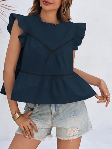 Womens Ruffle Babydoll Tank Tops Summer Cotton Peplum Mock Neck Blouses Trendy Casual Pleated Bow Shirts