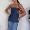 Womens Strapless Tube Tops Fitted Ribbed Knit Y2K Going Out T Shirts Summer Side Zipper Backless Bandeau Tops