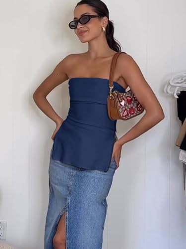 Womens Strapless Tube Tops Fitted Ribbed Knit Y2K Going Out T Shirts Summer Side Zipper Backless Bandeau Tops