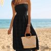 Women's Summer Strapless Dress Off Shoulder Smocked Casual A Line Eyelet Beach Wedding Guest Midi Dress