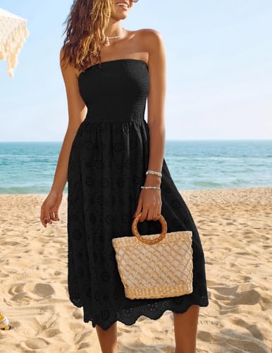 Women's Summer Strapless Dress Off Shoulder Smocked Casual A Line Eyelet Beach Wedding Guest Midi Dress