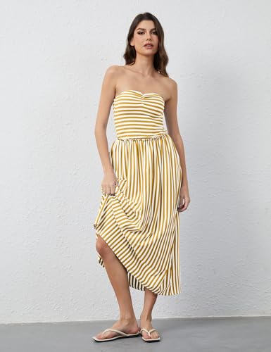 Women Striped Strapless Flowy Maxi Dress Backless Patchwork Tube Top Dress Summer Party Formal Long Dresses