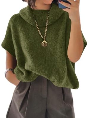 Womens Oversized Turtleneck Poncho Sweaters Short Batwing Sleeve Casual Slouchy Loose Fit Chunky Knit Pullover Tops