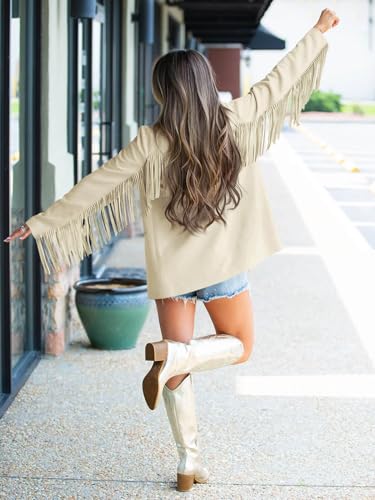 Womens Faux Suede Fringe Jacket Casual Blazer Long Sleeve Lapel Button Front Suit Jackets