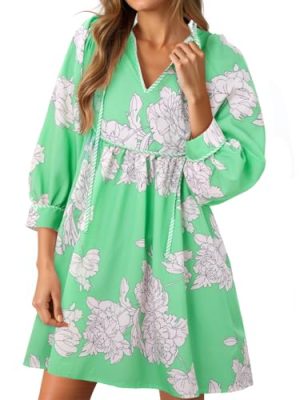 Womens Floral Mini Dresses 3/4 Sleeve V Neck Flowy Babydoll Dress Summer Beach Vacation Boho Outfits