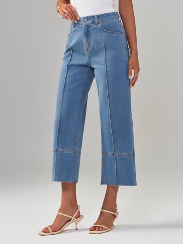 Womens Baggy Wide Leg Cropped Jeans Casual High Waisted Loose Vintage Denim Pants with Pockets