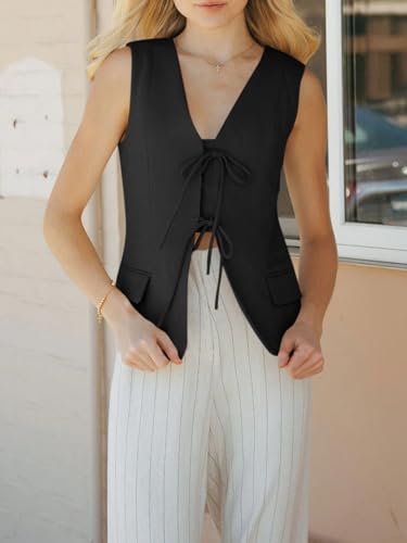 Womens Tie Front Blazer Vest Summer Sleeveless V Neck Tank Top 2025 Casual Business Waistcoat