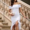 Women's Sexy Off The Shoulder Bodycon Midi Dresses Elegant Ruched Ruffle Hem Cocktail Party Dress