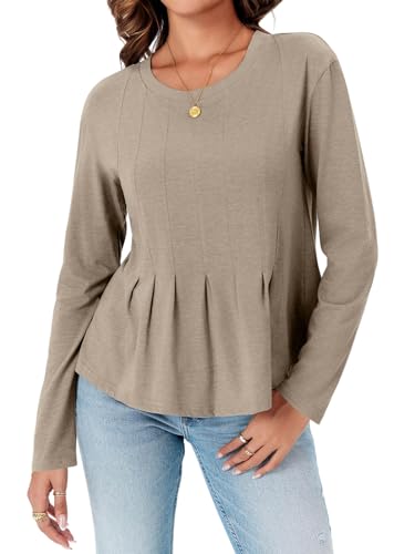 Womens Long Sleeve T-Shirts Pleated Crew Neck Peplum Dressy Casual Fall Tee Tops