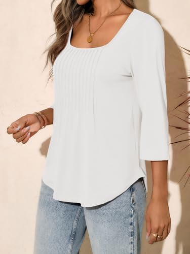Womens 3/4 Sleeve Tunic Tops Square Neck Pleated Summer Blouses Dressy Casual Loose Fit T Shirts