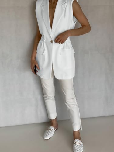 Women's Work Casual Sleeveless Blazer Vest Fashion Open Front Lapel Elastic Waist Blazer Jackets with Pockets