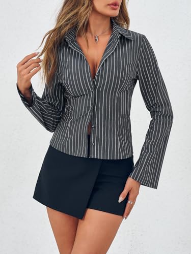 Womens Striped Button Down Shirts Flare Long Sleeve Collared V Neck Business Work Office Blouse Tops