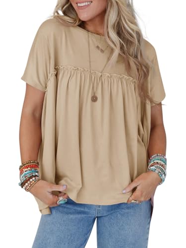 Women Summer Babydoll Tops Pleated Short Sleeve Crew Neck Peplum Blouse Casual Loose Fit T Shirts