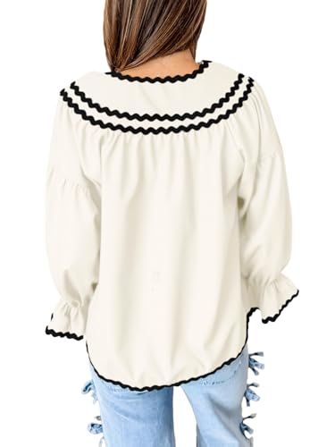 Womens Ruffle Puff Sleeve Blouse V Neck Trim Shirts Trendy Casual Loose Fit Tops