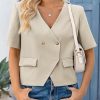 Womens Cropped Short Sleeve Blazers V Neck Button Down Lightweight Work Casual Suit Jackets